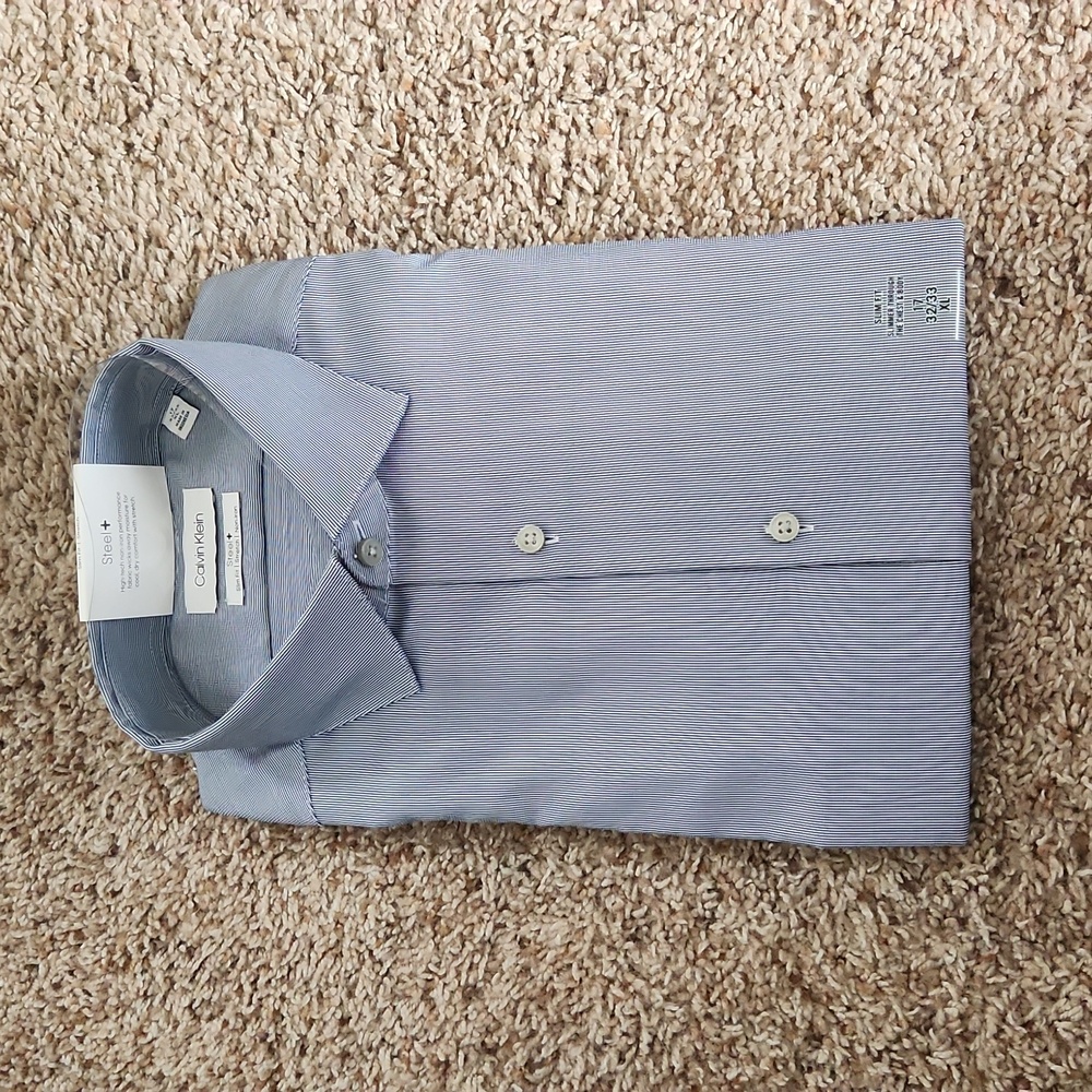 Calvin Klein Steel+ Men's Light Blue Pinstripe Dress Shirt